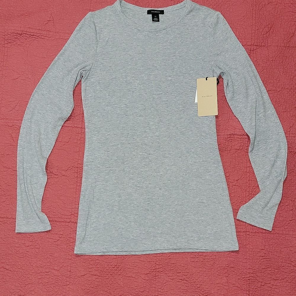New Halogen Skivvy Fine Rib Crewneck Grey Heather Long Sleeve Knit Top Size XS - Picture 4 of 8